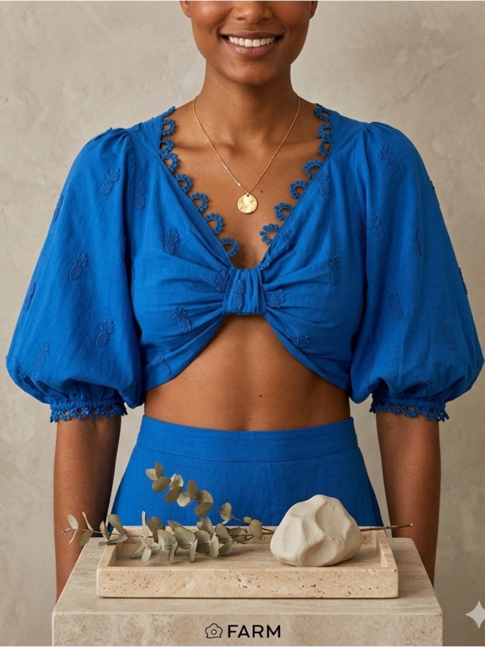 Farm Rio 3D Pineapple Applique Crop Top Blue Lace Puff Sleeve NWT XS